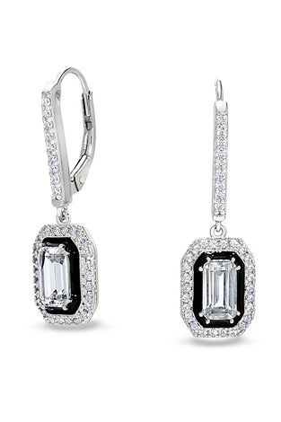 Sterling silver earrings with black enamel and rectangular clear gemstones in drop setting