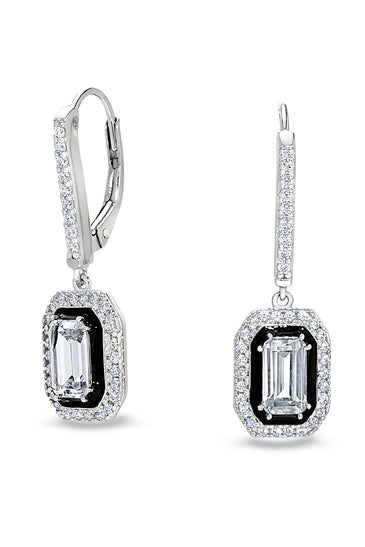 Sterling silver earrings with black enamel and rectangular clear gemstones in drop setting
