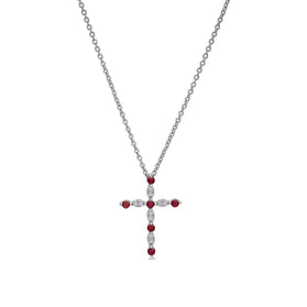 Sterling silver cross pendant with red garnet stones, on a silver chain