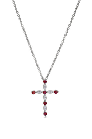 Sterling silver cross pendant with red garnet stones, on a silver chain