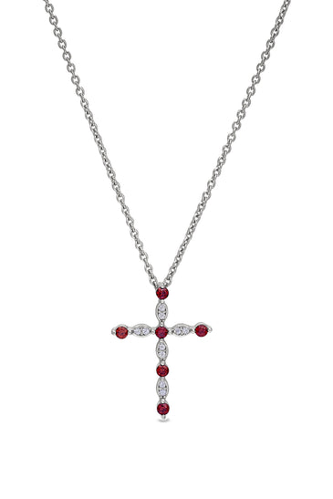 Sterling silver cross pendant with red garnet stones, on a silver chain