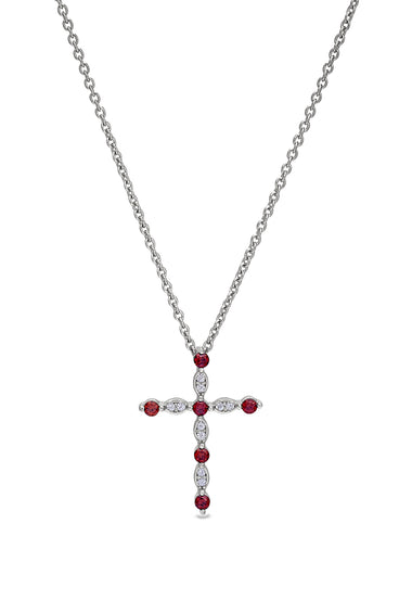Sterling silver cross pendant with red garnet stones, on a silver chain