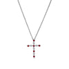 Sterling silver cross pendant with red garnet stones, on a silver chain