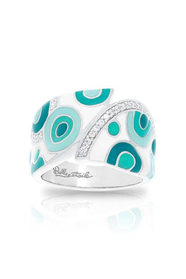 cz white stones and rhodium-plated sterling silver ring with hand painted blue italian enamel 