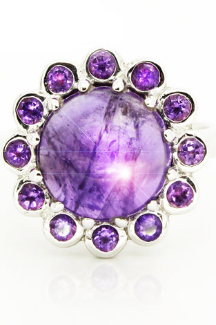 Sterling silver ring with a bezel setting amethyst stones