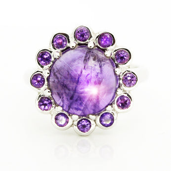 Sterling silver ring with a bezel setting amethyst stones