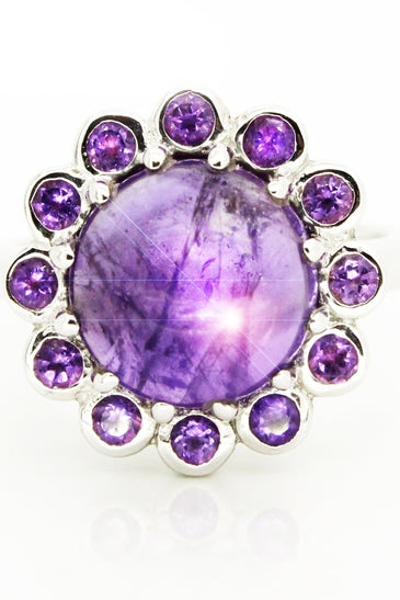 Sterling silver ring with a bezel setting amethyst stones