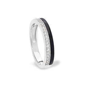 Sterling silver ring with black enamel band and sparkling outer edge
