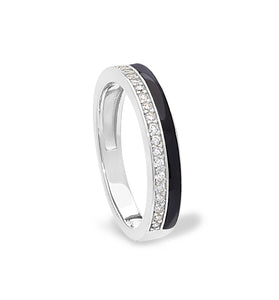 Sterling silver ring with black enamel band and sparkling outer edge