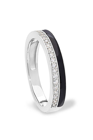 Sterling silver ring with black enamel band and sparkling outer edge