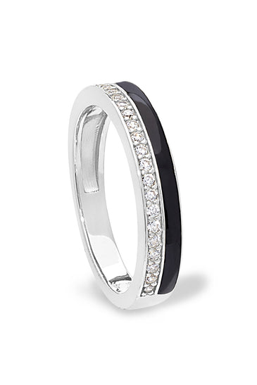 Sterling silver ring with black enamel band and sparkling outer edge