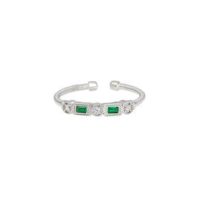 Sterling silver cuff ring with two rectangular green gemstone settings and pavé detail