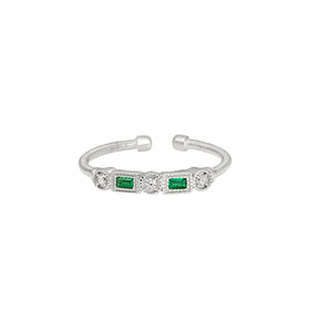 Sterling silver cuff ring with two rectangular green gemstone settings and pavé detail