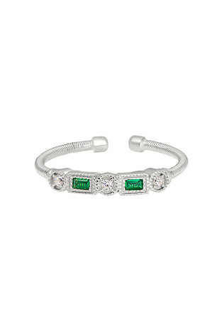 Sterling silver cuff ring with two rectangular green gemstone settings and pavé detail