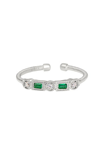 Sterling silver cuff ring with two rectangular green gemstone settings and pavé detail