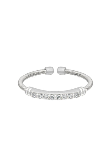 Sterling silver cuff ring with textured band and clear CZ center row