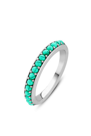 Sterling silver ring with turquoise oval stone row on a slim band