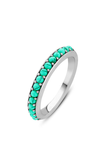 Sterling silver ring with turquoise oval stone row on a slim band