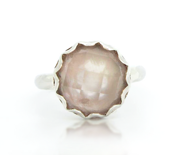 Sterling silver ring with faceted rose quartz, scalloped bezel setting