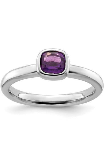 Sterling silver solitaire ring with square faceted amethyst gemstone