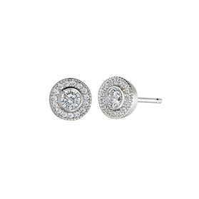 Round halo CZ stud earrings in sterling silver, clear stones, stud back