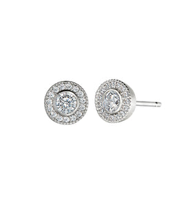 Round halo CZ stud earrings in sterling silver, clear stones, stud back
