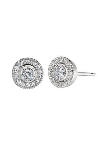 Round halo CZ stud earrings in sterling silver, clear stones, stud back