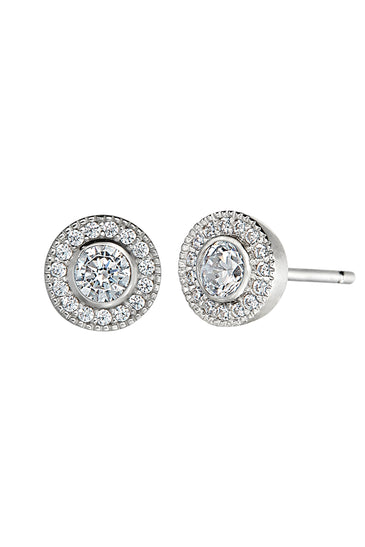 Round halo CZ stud earrings in sterling silver, clear stones, stud back