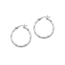 Sterling silver twisted hoop earrings with textured rope-like twist, hinged closure