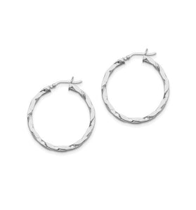 Sterling silver twisted hoop earrings with textured rope-like twist, hinged closure