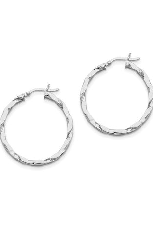 Sterling silver twisted hoop earrings with textured rope-like twist, hinged closure