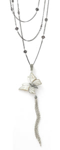 Sterling silver mother-of-pearl butterfly pendant with dangling tassel chain