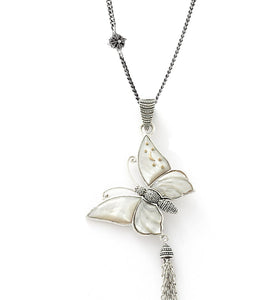 Sterling silver mother-of-pearl butterfly pendant with dangling tassel chain