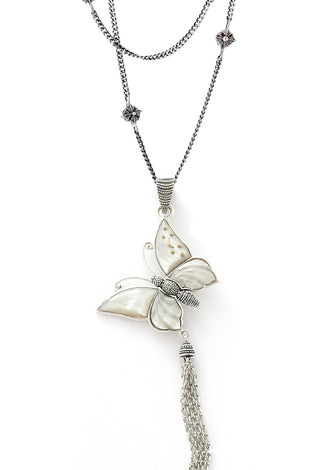 Sterling silver mother-of-pearl butterfly pendant with dangling tassel chain