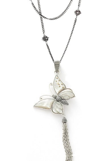 Sterling silver mother-of-pearl butterfly pendant with dangling tassel chain
