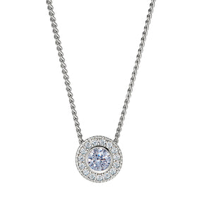 Sterling silver halo pendant with round aquamarine center and pavé diamond accents