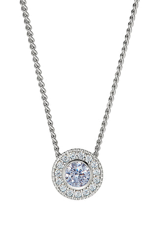 Sterling silver halo pendant with round aquamarine center and pavé diamond accents