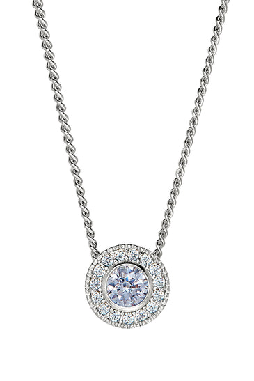 Sterling silver halo pendant with round aquamarine center and pavé diamond accents
