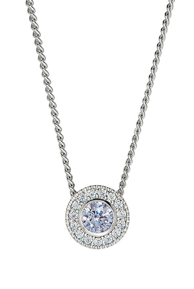 Sterling silver halo pendant with round aquamarine center and pavé diamond accents