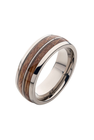 Men's titanium INOX whiskey barrel inlay ring, silver with brown wood inlay detail