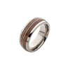 Men's titanium INOX whiskey barrel inlay ring, silver with brown wood inlay detail