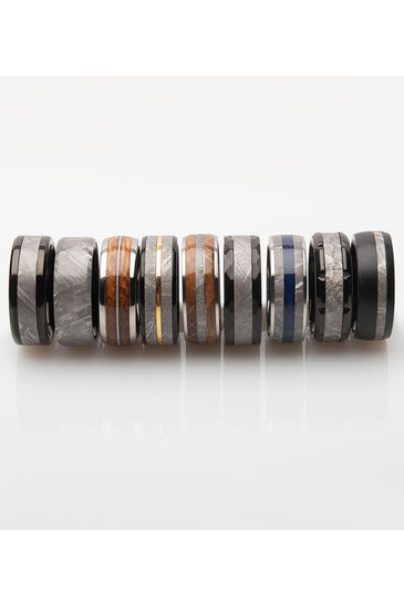 Men's titanium INOX whiskey barrel inlay ring, lineup of multiple silver rings with inlay