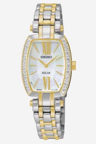 Two-tone women's solar watch with rectangular dial and jeweled bezel