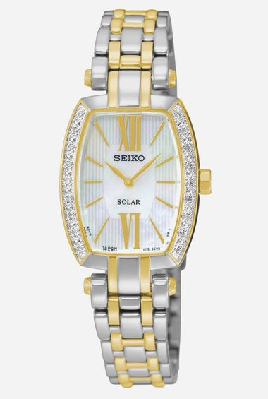 Two-tone women's solar watch with rectangular dial and jeweled bezel