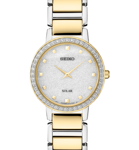 Seiko women's watch, two-tone gold and silver bracelet, gray dial with crystal bezel