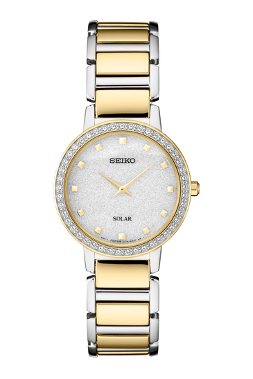 Seiko women's watch, two-tone gold and silver bracelet, gray dial with crystal bezel