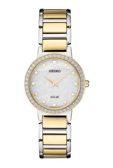 Seiko women's watch, two-tone gold and silver bracelet, gray dial with crystal bezel