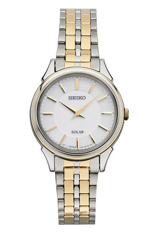 Seiko two-tone women's wrist watch with white dial and gold-tone bezel, metal bracelet.