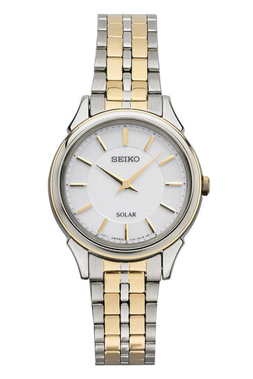 Seiko two-tone women's wrist watch with white dial and gold-tone bezel, metal bracelet.