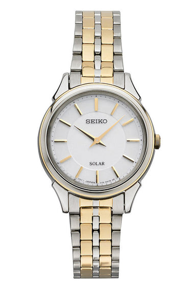 Seiko two-tone women's wrist watch with white dial and gold-tone bezel, metal bracelet.